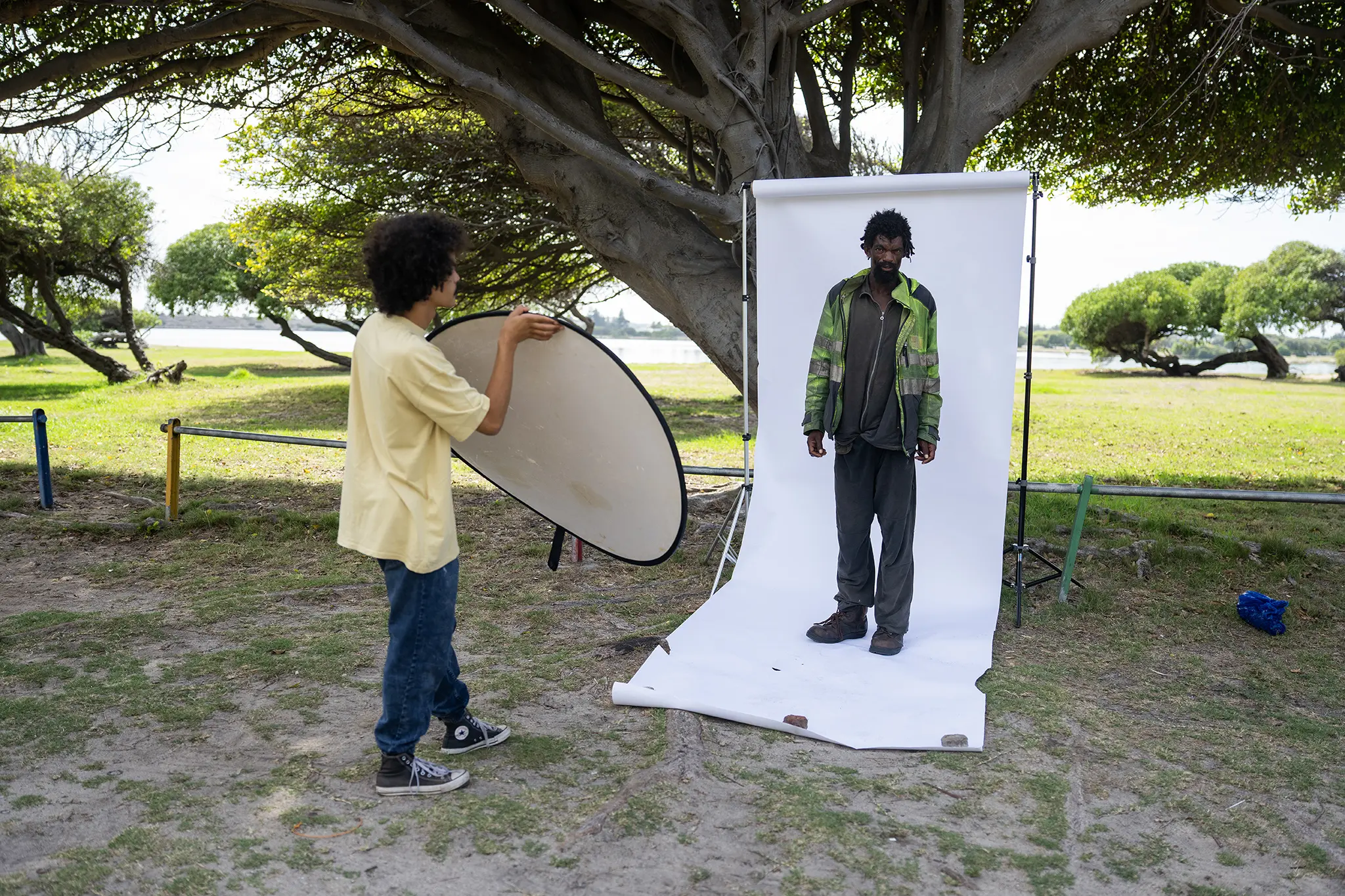 Behind-the-scenes: Graham Morris being photographed in an outdoor portrait studio